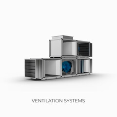 3D visualization of ventilation systems, air ducts and blocks with equipment for cooling and air purification.