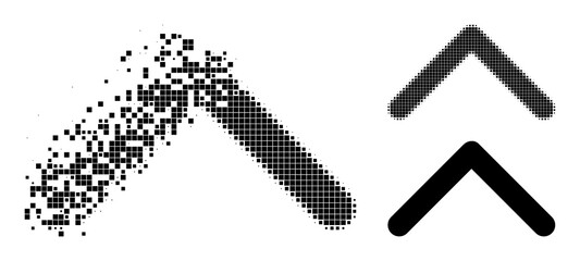 Damaged dotted direction up pictogram with destruction effect, and halftone vector composition. Pixelated destruction effect for direction up shows speed and movement of cyberspace items.