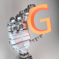 3D illustration of robot hand holding the letter G