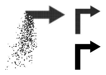 Dissolved pixelated turn right pictogram with destruction effect, and halftone vector pictogram. Pixel dissolution effect for turn right reproduces speed and movement of cyberspace items.