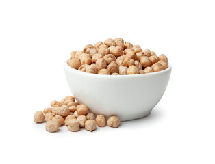 Raw chickpea beans in bowl isolated on white background. Uncooked chickpeas. Healthy eating