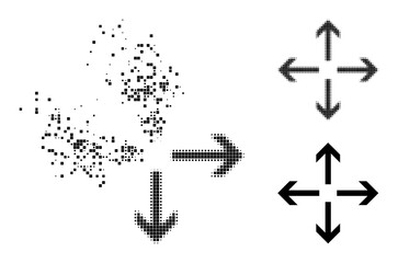 Dispersed dotted expand arrows icon with wind effect, and halftone vector pictogram. Pixelated disintegrating effect for expand arrows reproduces speed and motion of cyberspace concepts.
