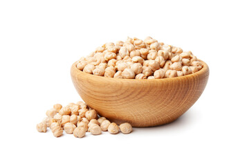 Raw chickpea beans in wooden bowl isolated on white background. Uncooked chickpeas. Healthy eating