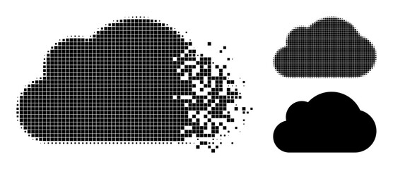 Dissipated pixelated cloud glyph with destruction effect, and halftone vector pictogram. Pixelated explosion effect for cloud demonstrates speed and motion of cyberspace concepts.