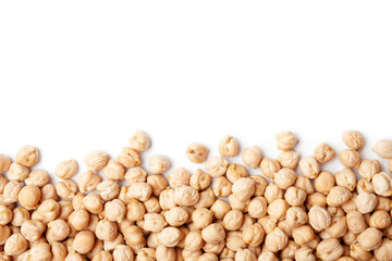 Raw chickpea beans isolated on white background. Frame made of uncooked chickpeas. Healthy eating
