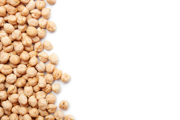 Raw chickpea beans isolated on white background. Frame made of uncooked chickpeas. Healthy eating
