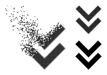 Destructed pixelated shift down pictogram with wind effect, and halftone vector pictogram. Pixelated erosion effect for shift down shows speed and movement of cyberspace things.
