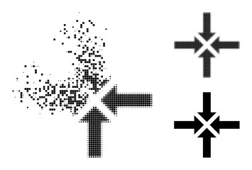 Obraz premium Dust pixelated compress arrows icon with wind effect, and halftone vector image. Pixelated erosion effect for compress arrows shows speed and motion of cyberspace items.