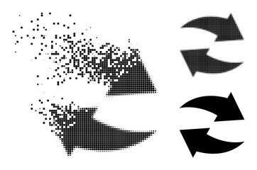 Fragmented dot exchange arrows pictogram with destruction effect, and halftone vector composition. Pixelated destruction effect for exchange arrows shows speed and movement of cyberspace matter.