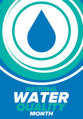 National Water Quality Month in August. Month of studying the water. Origin, save and purify water. High quality water. Celebrated in United States. Poster, card, banner, illustration. Vector