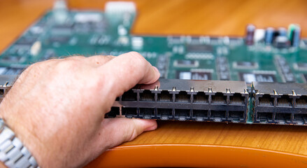 Computer network equipment. Network hubs. Ethernet Gigabit desktop switch with ports.
