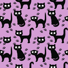Seamless pattern with black cats on a light background. The vector is made in a flat style. Black cats in different poses. Suitable for textiles and packaging.