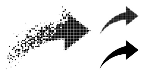 Disappearing pixelated redo icon with destruction effect, and halftone vector symbol. Pixelated destruction effect for redo reproduces speed and movement of cyberspace things.