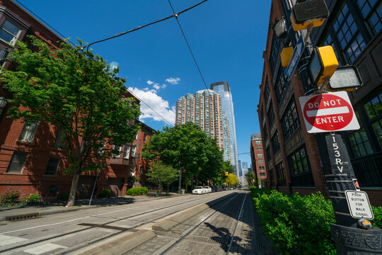 New Jersey Transit Light Rail Track Runs Among The Residential Buildings In Springtime At Jersey City NJ USA On May 14 2021.