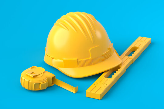Isometric view of monochrome construction tools for repair on blue and yellow