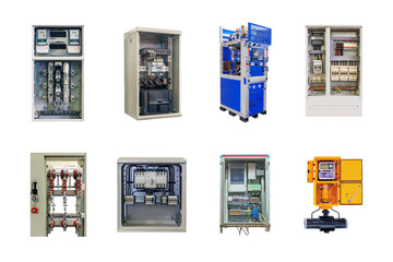 eight electrical control cabinets of various designs and purposes, isolated on white background