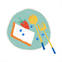 Cheesecake piece on a plate with strawberry and blueberries. Flat hand drawn sweet dessert for breakfast. Trendy spoon, fork and plate.