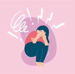 Young girl looks stressed scared and needs help. Criticism and violence. Stop bullying children women card. Female with mental disorder concept. Flat character with depression stress anxiety. Vector.	