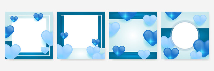 Valentine's day concept posters set. Vector illustration. 3d shiny blue paper hearts with frame on geometric background. Cute love sale banners or greeting cards