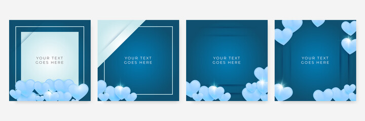 Valentine's day blue greeting cards set. Vector thin one line design with hearts simple flat style. Hand written lettering decorative brush strokes, love symbols for gifts, cards, posters