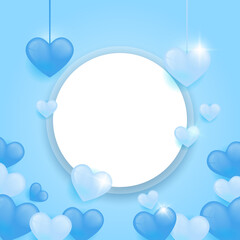 Blue love background with square size for universal greeting card. Paper art style of valentine's day greeting card and love concept. Blue love balloon with 3d realistic concept