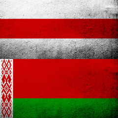 Two flags of Belarus. Red and green flag of Belarus with White-red-white flag of Belarusian democracy movement. Grunge background
