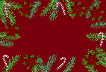 Fototapeta na wymiar Christmas greeting card with fir twigs. Christmas border with fir branches with flowers, sweet candies. Vector background. Sweet Christmas greeting card with fir twigs. Vector background