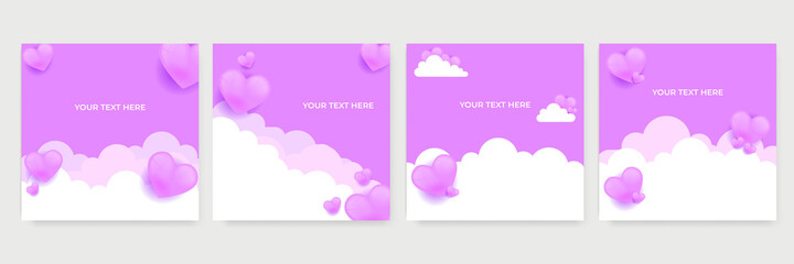Pink purple heart flying balloon with man on blue sky background. Vector love postcard for Happy Mother's, Valentine's Day or birthday greeting card design. Universal purple violet love background
