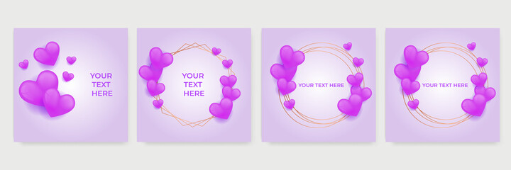 Pink purple heart flying balloon with man on blue sky background. Vector love postcard for Happy Mother's, Valentine's Day or birthday greeting card design. Universal purple violet love background