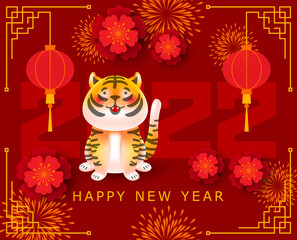 Happy new year, Chinese New Year, 2022, Year of the Tiger, cartoon character, royal tiger. Chinese background. Holiday Chinese banner with horoscope sign of 2022. Red, gold design. Chinese new year