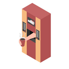 A coffee machine is dispensing coffee. A hand from a coffee vending machine is holding a paper cup with coffee.