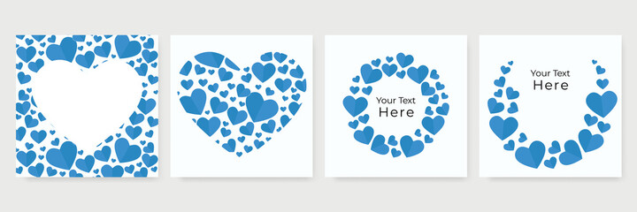 Valentine's day concept posters set. Vector illustration. 3d yellow and blue paper hearts with frame on geometric background. Cute love sale banners or greeting cards