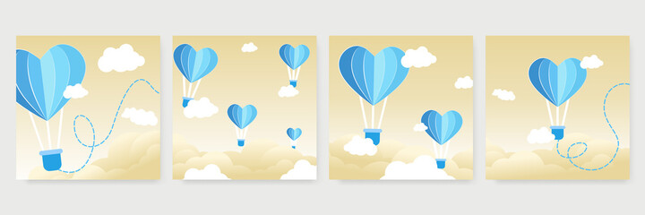 Valentine's day concept posters set. Vector illustration. 3d yellow and blue paper hearts with frame on geometric background. Cute love sale banners or greeting cards