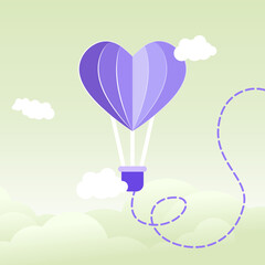 Purple valentine love background with balloon, sky, gift and sun. Purple Love Heart Symbol Polygon Style Vector Illustration
