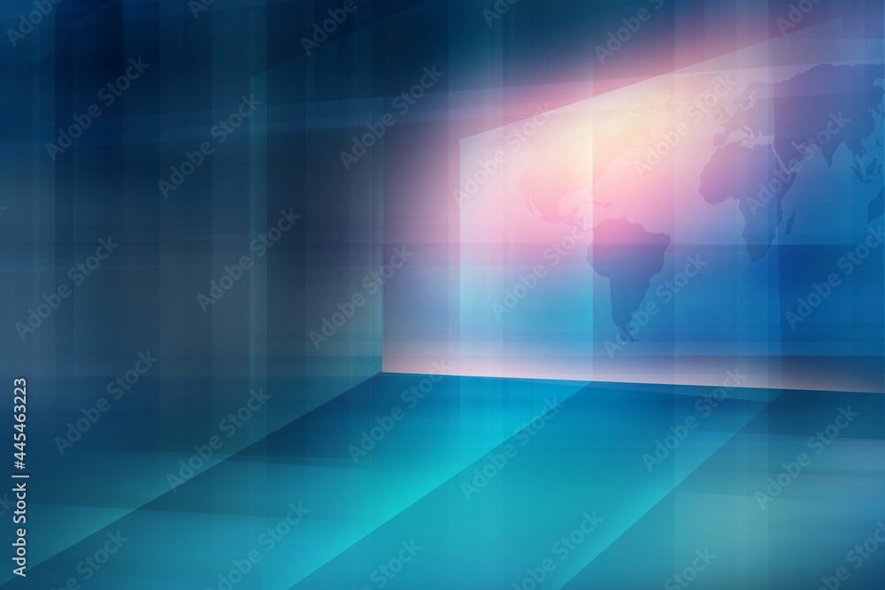 Poster illustration of a virtual screen with light rays and a world map