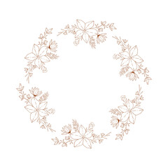 Decorative floral wreath with hand drawn nature design elements. Vector isolated illustration.