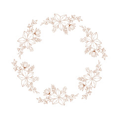 Decorative floral wreath with hand drawn nature design elements. Vector isolated illustration.