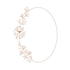 Hand drawn oval frame with floral decor. Vector isolated illustration.