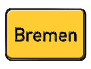 Bremen city sign on yellow background. Bremen city plate metallic shiny look. German city names. town sign and text . 3d illustration