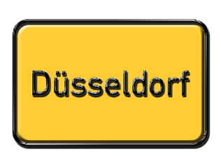 Dusseldorf city sign on yellow background. Dusseldorfcity plate metallic shiny look. German city names. town sign and text . 3d illustration