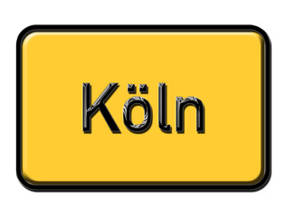 Cologne city sign on yellow background. Cologne city plate metallic shiny look. German city names. town sign and text . 3d illustration