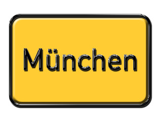 Munich city sign on yellow background.Munich city plate metallic shiny look. German city names. town sign and text . 3d illustration