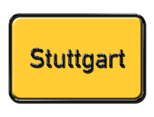 Stuttgart city sign on yellow background. Stuttgart city plate metallic shiny look. German city names. town sign and text . 3d illustration
