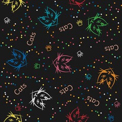 Multicolored cat faces with cat's paws and dots on black background in chaotic order. Line art style. Vector seamless pattern.