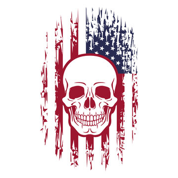 Human skull on grunge style American flag background. Vector illustration, template for T-shirt print, poster, etc.