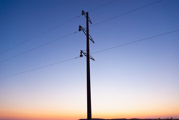 Electric line with wires at sunset, in the evening.
