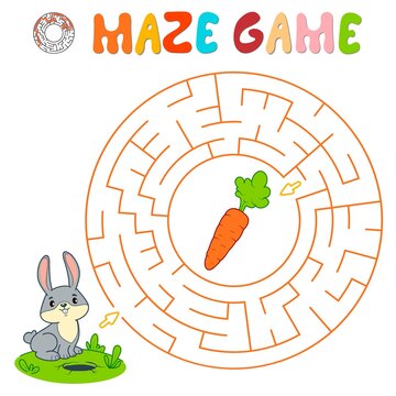 Maze puzzle game for children. Circle maze or labyrinth game with rabbit. Vector illustrations
