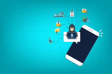 Hacker, malware notification on mobile phone. Smartphone with hacker alert, spam data on cellphone fraud error message, scam, virus.	
