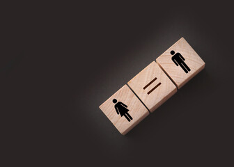Concepts of gender equality. wooden cubes with female and male symbol and equal sign. Equal pay...