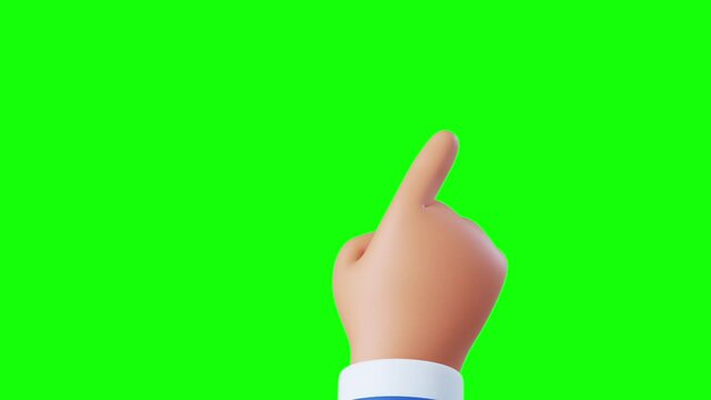 3d animation of a cartoon character hand isolated on green screen. User experience actions for touchscreen technology: swipe, slide, tap, scroll